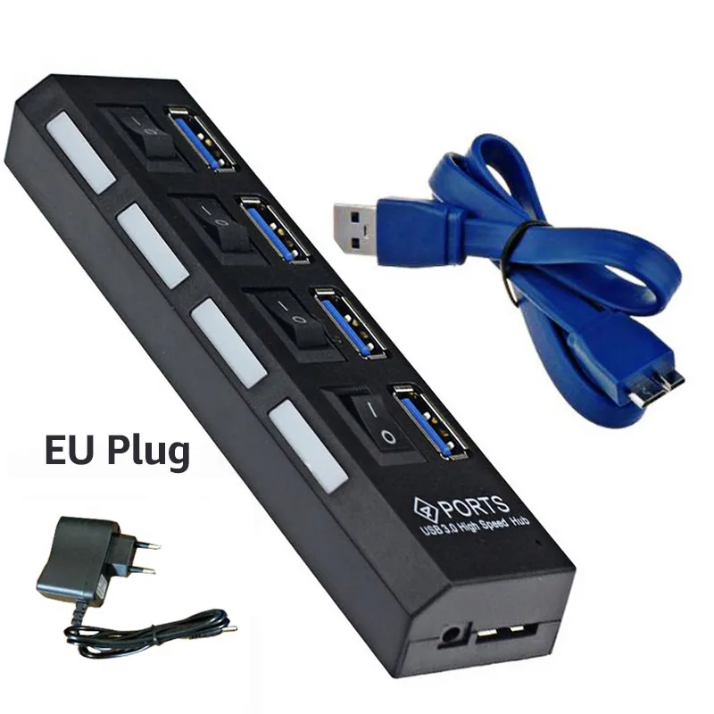 Rovtop usb-хаб 3,0 4/7 портов Micro USB 3,0 концентратор разветвитель с адаптером питания USB Hab высокоскоростной 5 Гбит/с USB разветвитель 3 хаба для ПК - Цвет: 4port Black EU