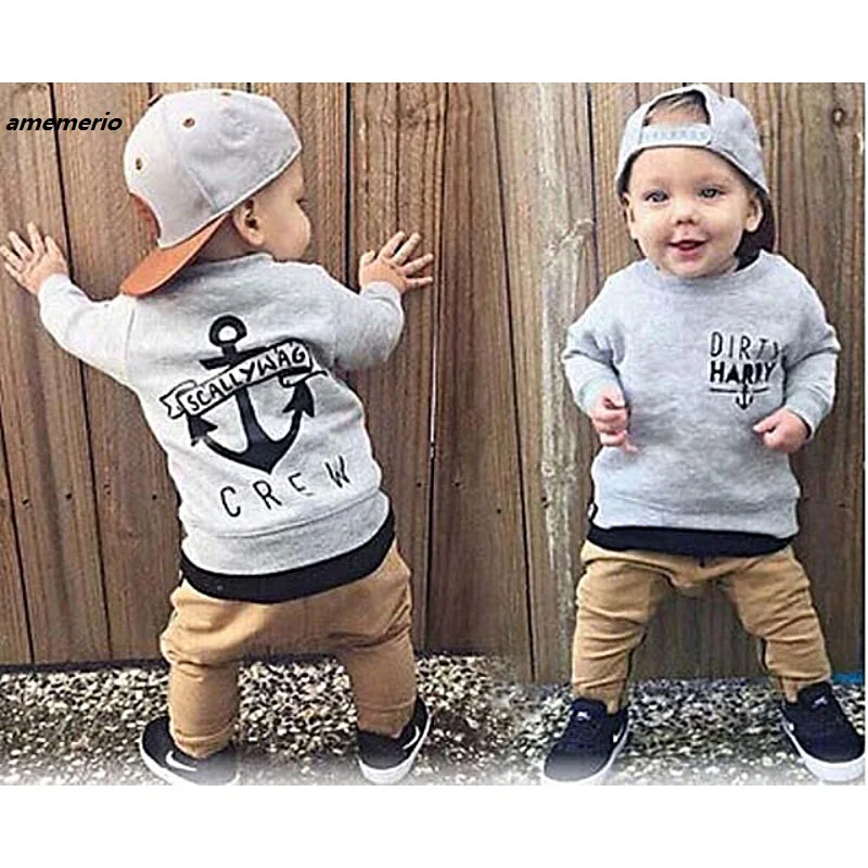 

2019 Baby Boys Fashion Newborn Kids Baby Boy clothes Long Sleeved Cotton Grey Sweater+Khaki Trousers 2PCS Trending Clothing Sets