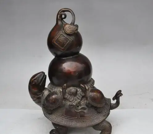 

S2649 china fengshui bronze wealth money coin turtle Tortoise gourd lucky rich statue