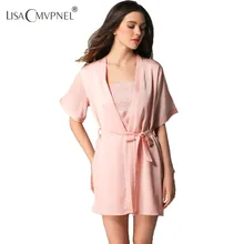 Lisacmvpnel, весна, искусственный шелк, женский халат с коротким рукавом, набор, Женская Сексуальная кружевная Пижама, ночная рубашка+ халат, Твинсет, Lounge