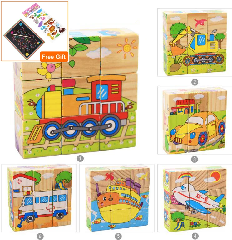 1pc Nine Blocks Six-sided 3D Jigsaw Cubes Puzzlesd Wooden Toys  For Children Kids Educational Toys Funny Games GYH 11