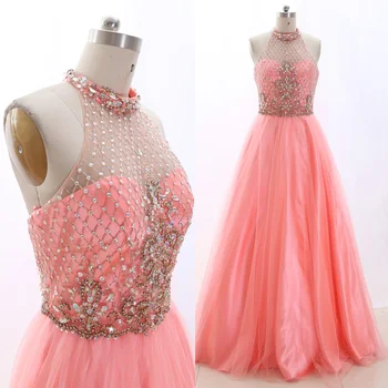 

MACloth Watermelon Ball Gown Halter Floor-Length Long Crystal Tulle Prom Dresses Dress M 265637 Clearance