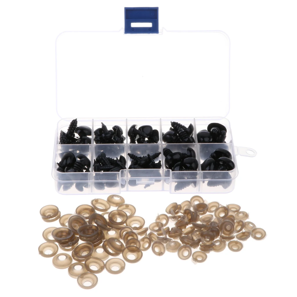 Box of 100 Pieces 7-13mm Plastic Safety Eyes Noses with Washers for Puppet Bear Doll Animal Stuffed Toys DIY Sewing Craft Black