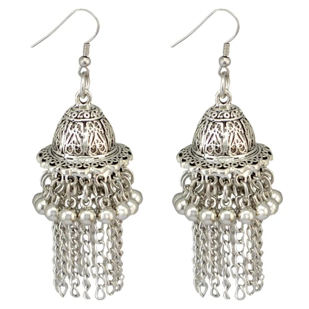 Gypsy Indian Long Tassels Dangle Earings For Women Silver Metal Jhumka