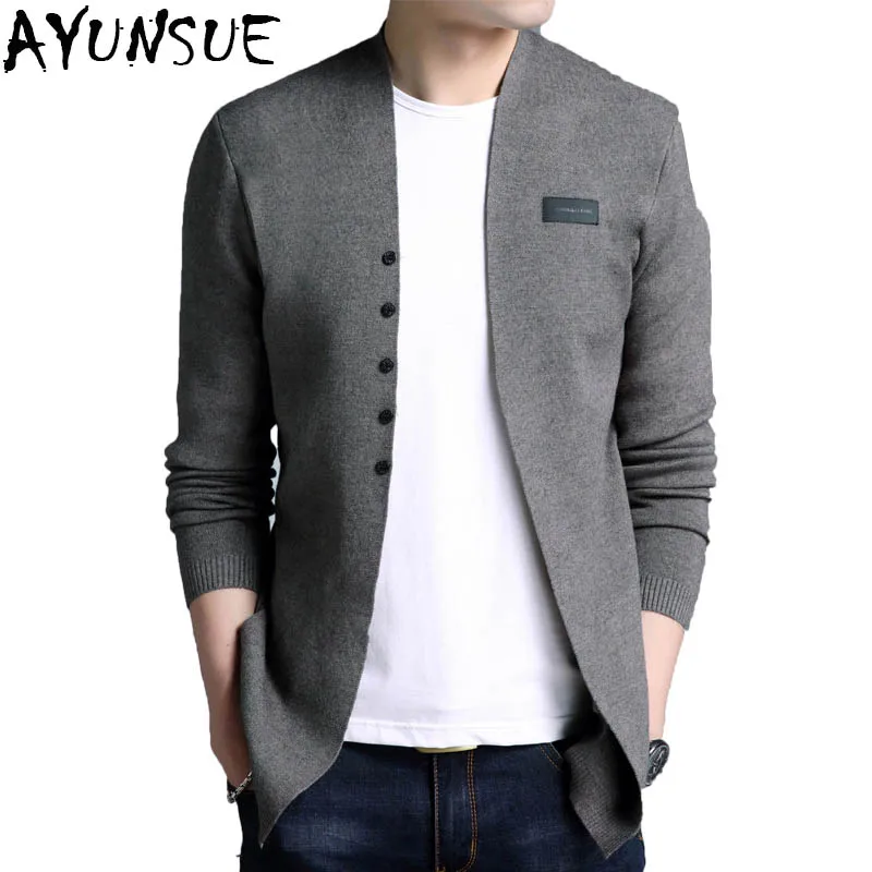 AYUNUSE New 2020 Autumn Knitted Cardigan Sweater Men V Neck Single Button Cardigans Male Gray Black Slim Fit Jacket Outwear | Мужская