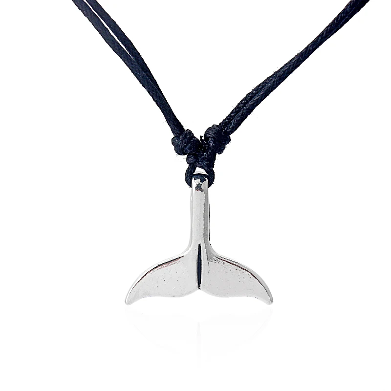 

1pcs Fashion Tibetan Silver Whale Tail Charm Pendant Necklace With Black Wax Cotton Cord Necklace Adjustable Handmade Jewelry