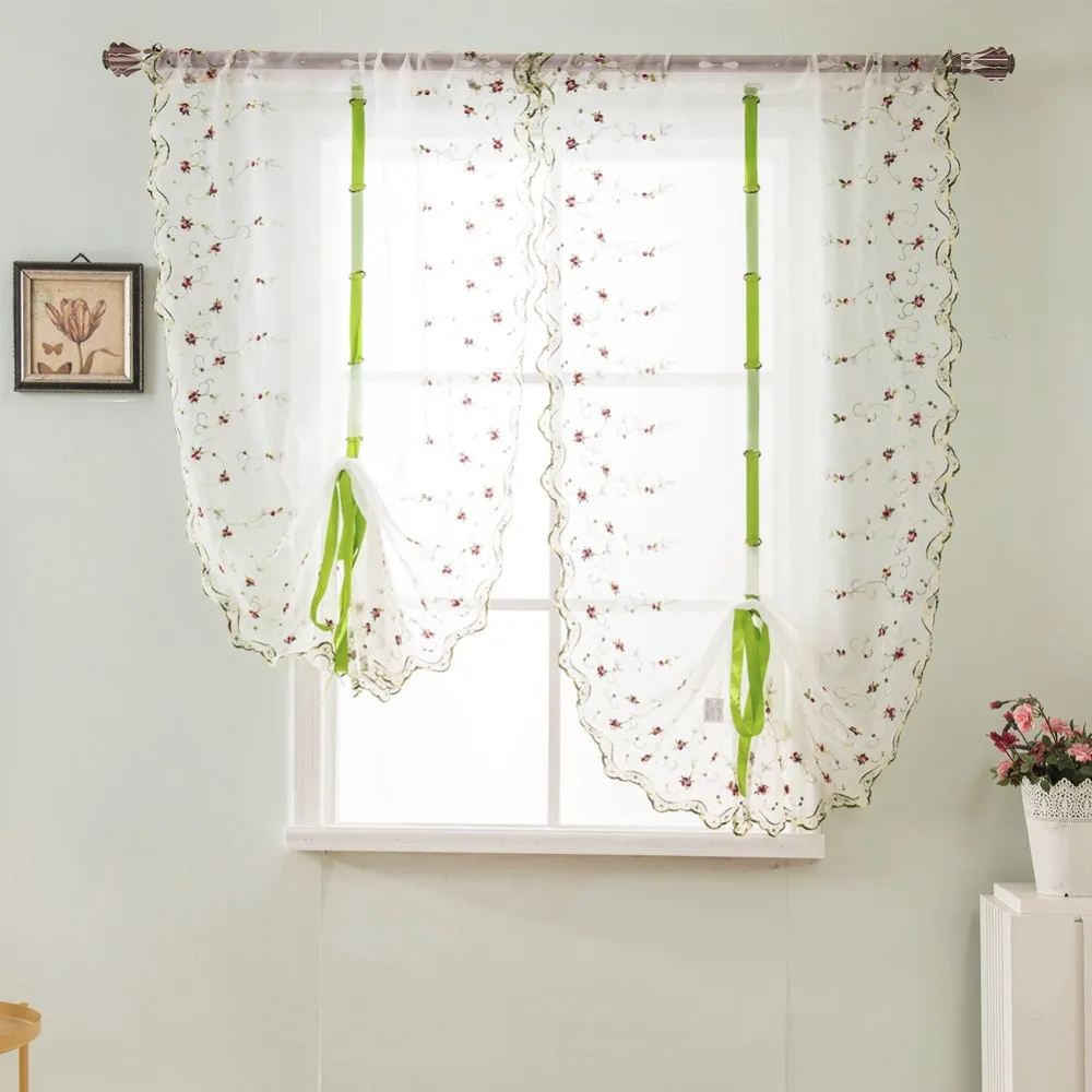 Up Voile Floral Kitchen Balloon Treatment Short Sheer Door Curtain Tie
