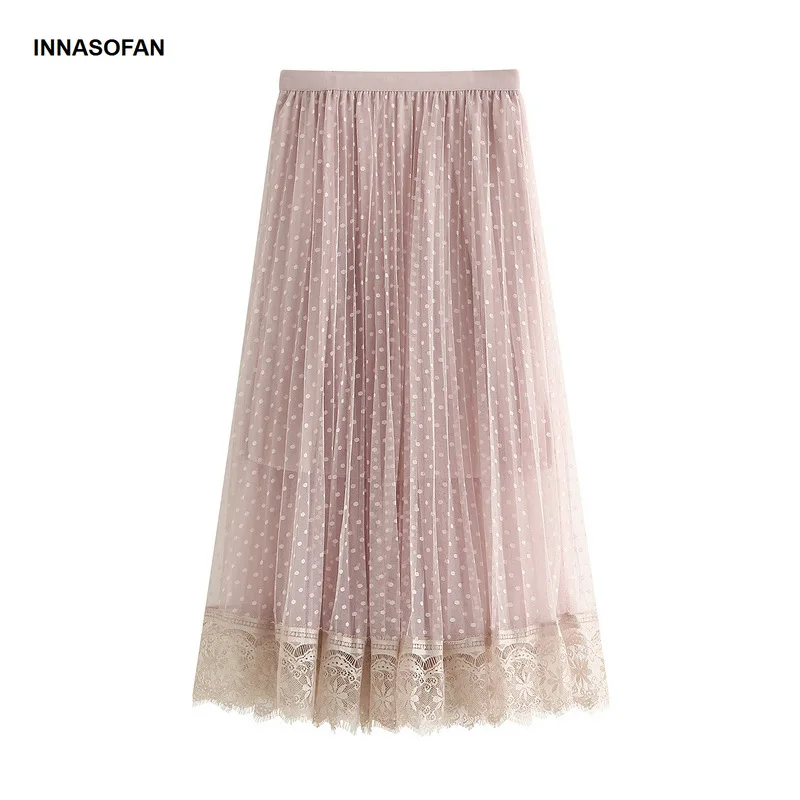 INNASOFAN Тюлевая кружевная юбка Женская весенне-летняя модная пляжная плиссированная юбка с завышенной талией с принтом в горошек