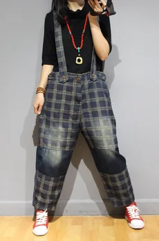 

Rompers 2019 new literary plaid old denim bib pants women's trousers suspender loose nine girl