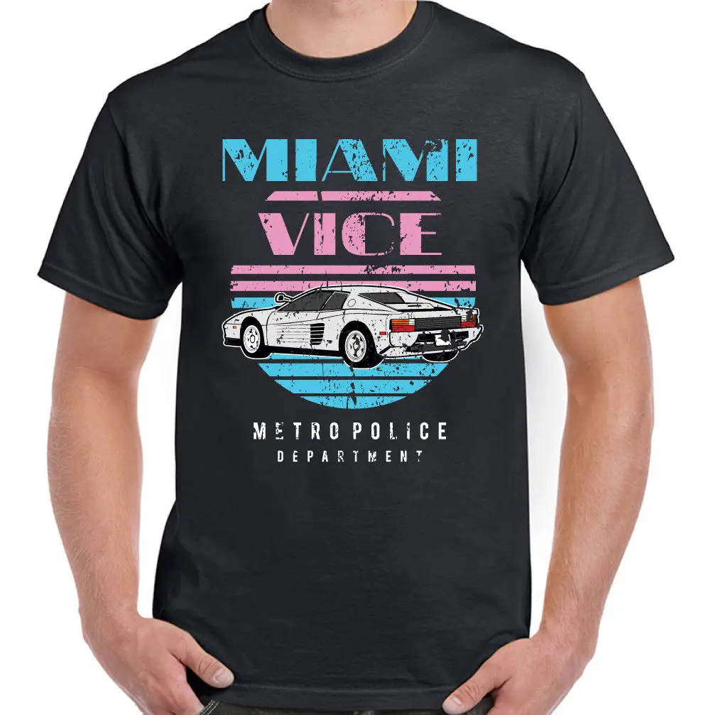 Mens Classic Miami Vice Inspired T Shirt With Ferrari Testarossa Tv Show 80'S Style Fashion Men T Shirts 100% Cotton Classic