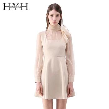 

HYH HAOYIHUI 2018 New Arrival See Through Mesh Patchwork Soft Shirt Dress With Scarf Solid Color Long Sleeve MIni A-line Dress