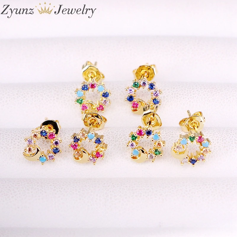 10 пар, Радуга cz Циркон высокого качества круглые серьги в форме Луны модные ювелирные изделия для женщин девочек cz микро-кристалл серьги-гвоздики