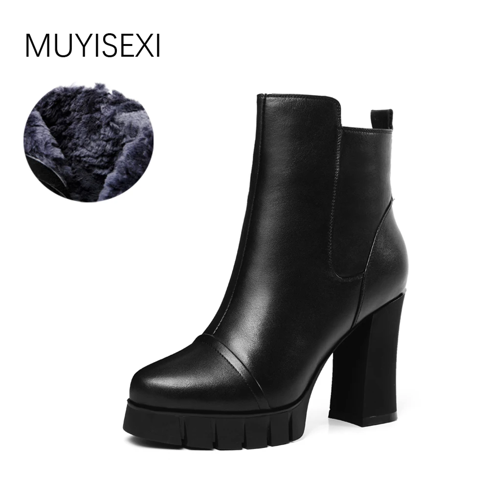 

Wool Boots Zipper Women Genuine Leather Winter Boots 10cm High Heels Platform Ankle Boots Winter Warm Shoes Black TJ02 MUYISEXI
