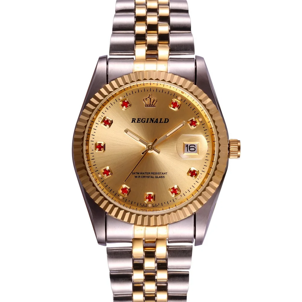 

REGINALD Brand Mens Dress Style Steel wristband Golden Men Quartz Watch