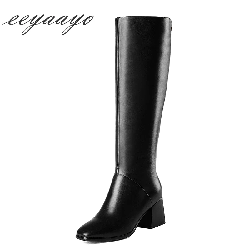 

2018 New Genuine Leather Winter Women Knee-High Boots High Heel Square Toe Zipper Sexy Women Cow Leather Shoes Black Long Boots