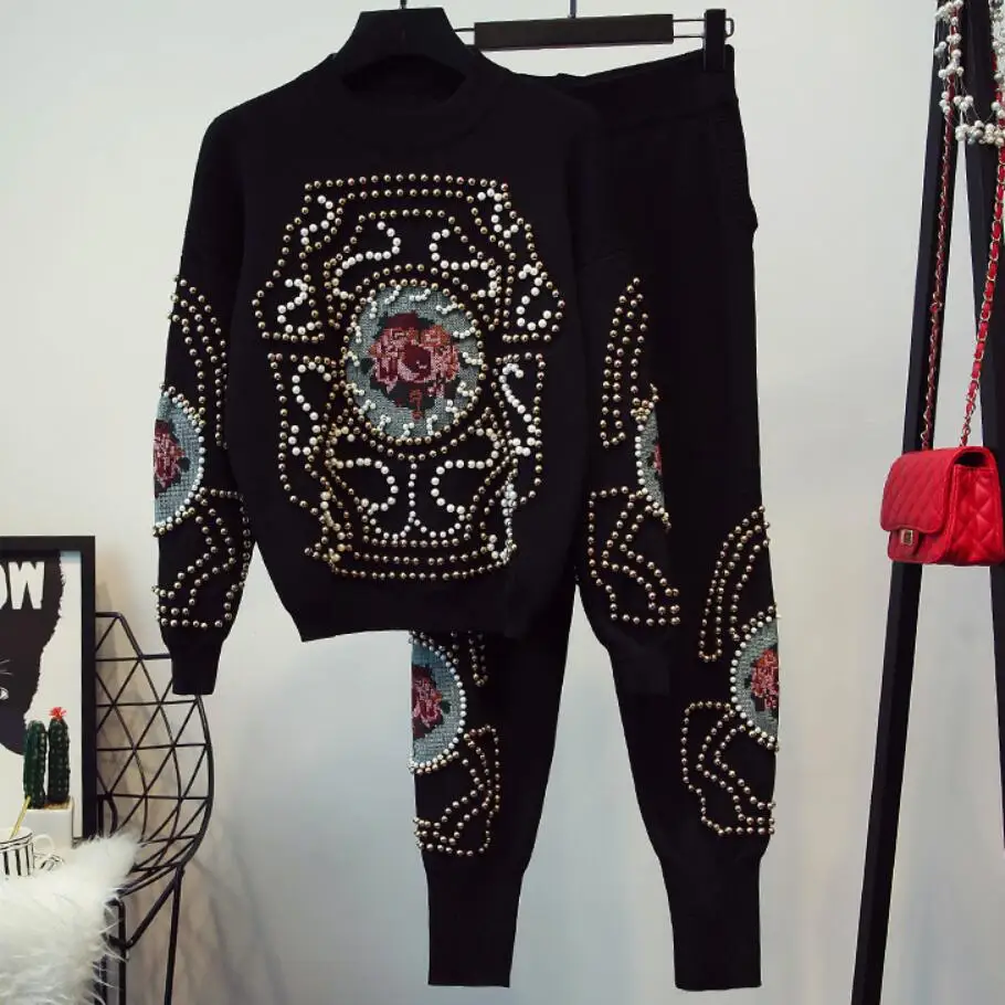 Вышивка Цветы блестками Бисероплетение Дамы Vogue Мода Вязание Джемперы Брюки комплекты из двух предметов