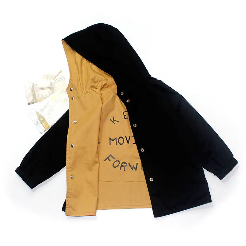

Fashion Boy Hooded Children Double-side Spring Boys Letter Jacket Outwear Kids Long Coat Clothing for Boys Girls