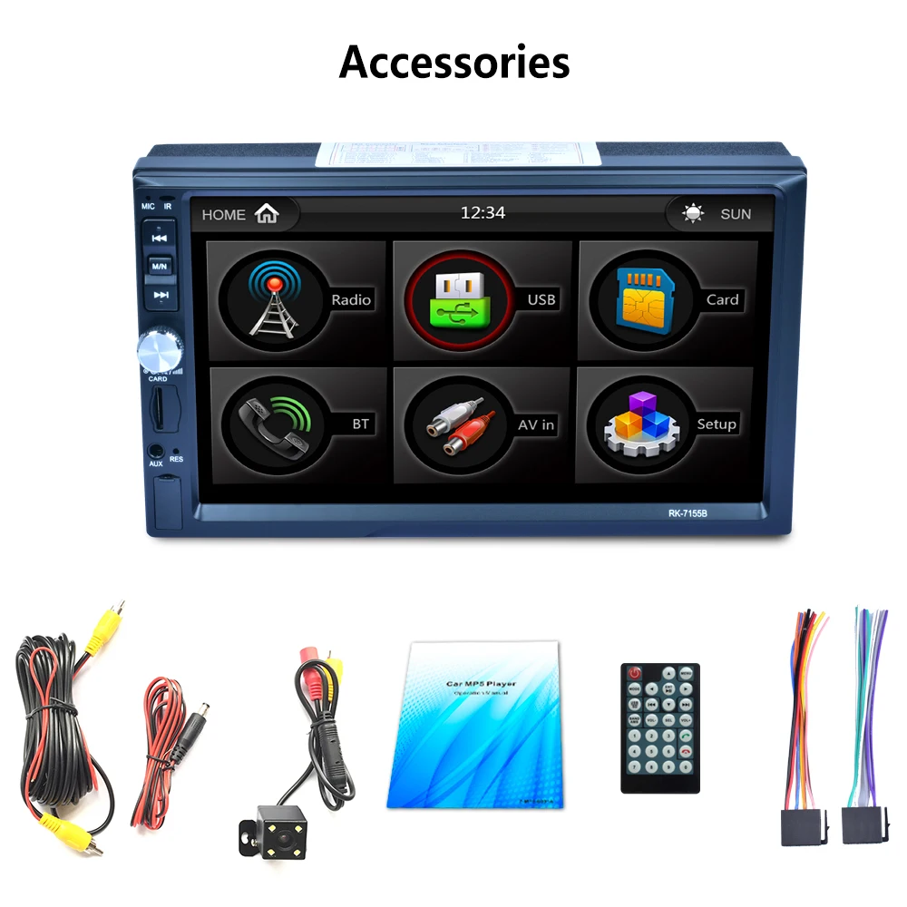 

7 inch Black 1080p Touch Screen 2-DIN Car In Dash FM MP5 Player Bluetooth Stereo Video with Rear Camera RDS Fuction