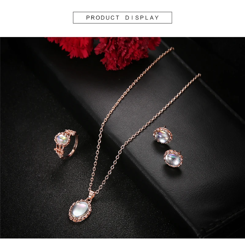 Elegant Luxury Design New Fashion Gold Filled Opal Pendant Necklace Stud Earrings Ring Jewelry Sets Women 3pcs Jewelry Sets