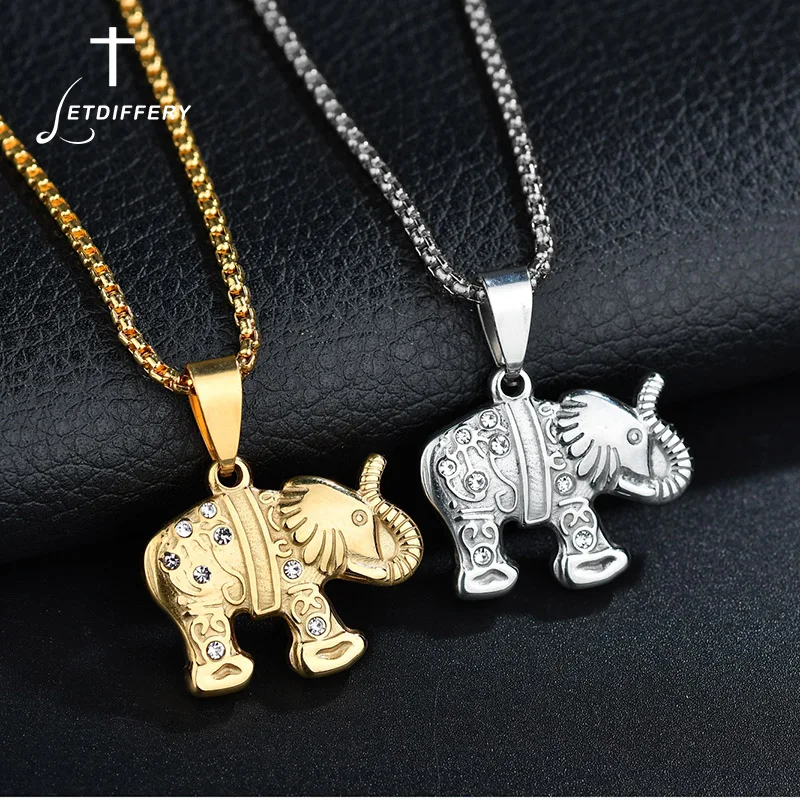 

Letdiffery Cubic Zirconia Elephant Pendant Necklace Gold Silver Coloer 316L Stainless Steel Necklaces Lucky Gifts for Men Women