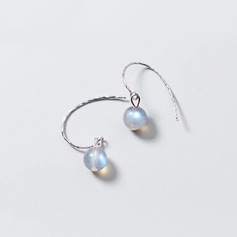 

MloveAcc Genuine 925 Sterling Silver Jewelry Round Natural MoonStone Drop Earrings for Women