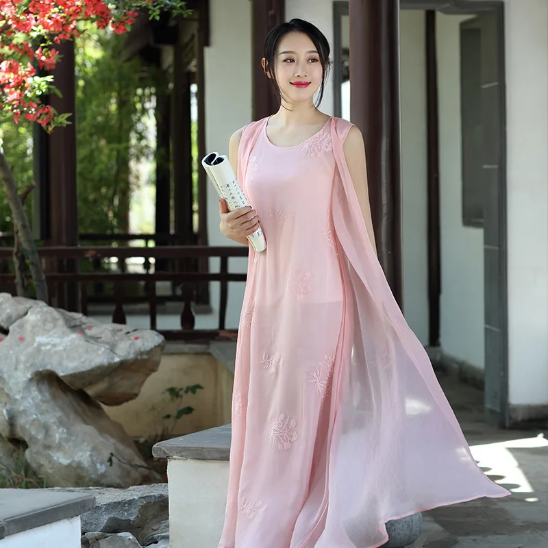

Buddha Laughing Edge of The Quiet One Night Snow Three Layers of Chiffon Embroidery Sleeveless Vest Dress Dress Two Colors