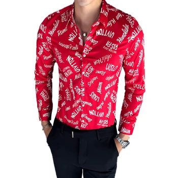 

2019 New Boutique Fashion Print Men's Casual Long-sleeved Shirts / Male Slim High-end Brand Letter Printing Leisure Shirts