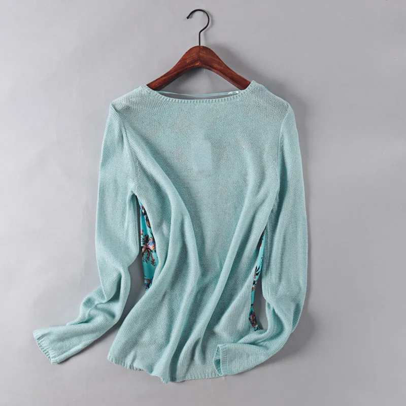 Women sweater spring autumn long-sleeved female knitted top tees printed thin light green Breathable panelled Sweaters