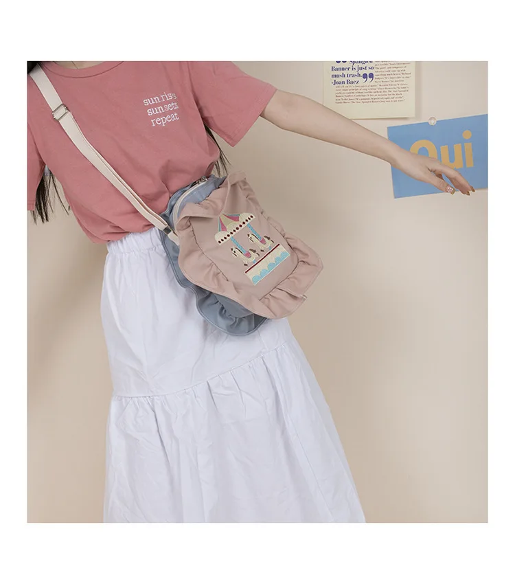 Harajuku Cartoon Embroidery Female Student Handbag New Hot Women's Color Matching Ruffled Shoulder Bag Messenger Bag