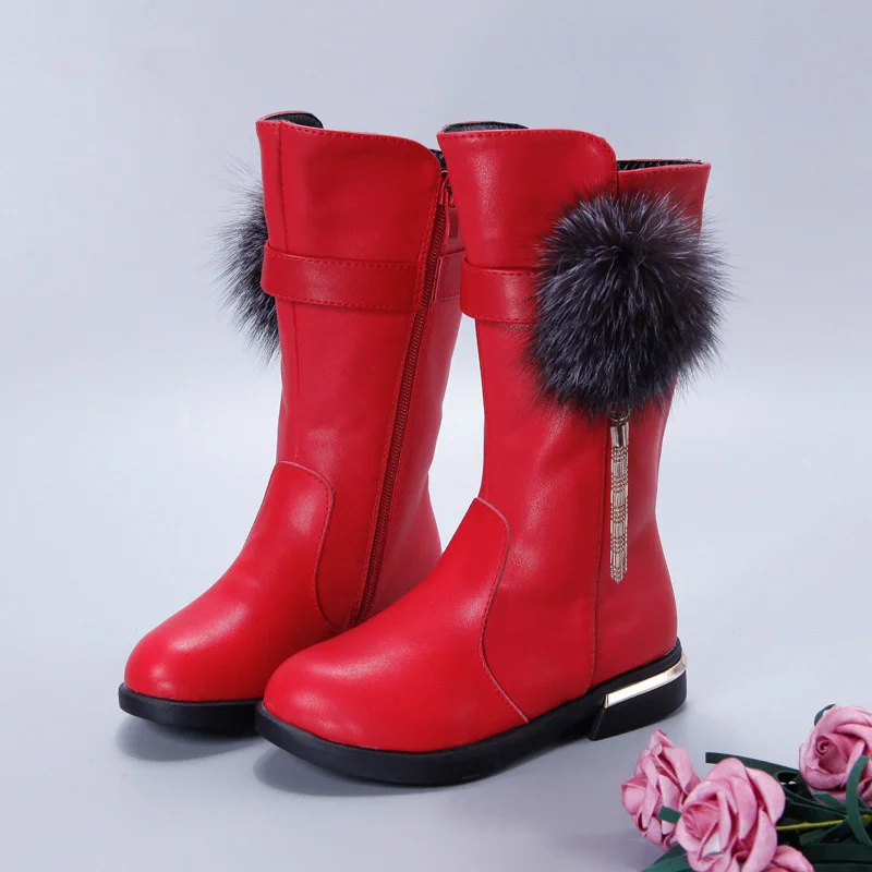 Ботинки из натуральной кожи для девочек; зимние ботинки с бахромой и цветами; детские зимние ботинки; Детская школьная обувь из плюша; От 3 до 14 лет и красный цвета
