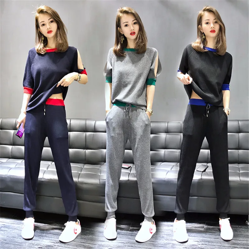 

CBAFU casual knitted suit women knitting 2 piece set pants suit off the shoulder tops elastic waist long pants set sport P079