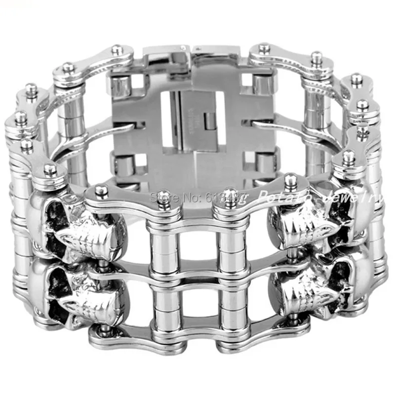 

9.05"(23cm)*38mm Fashion Sports Cuff Jewelry 316L Silver Stainless Steel Skeleton Two Layer Bike Chain Men's&Boy Bracelet Bangle
