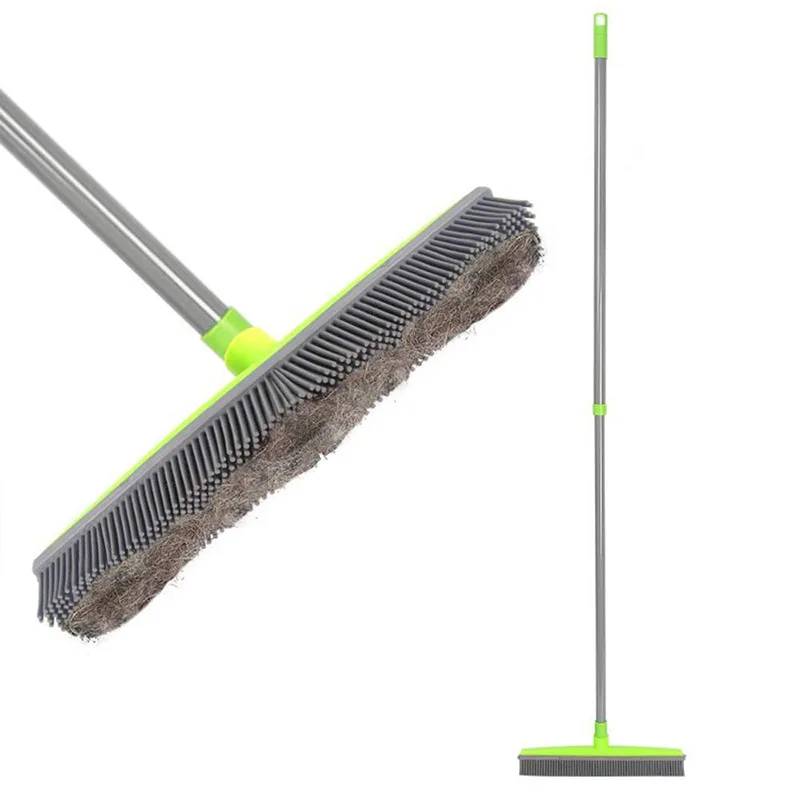 

Long Push Rubber Broom Bristles Sweeper Squeegee Scratch Free Bristle Broom for Pet Cat Dog Hair Carpet Hardwood Windows Clean