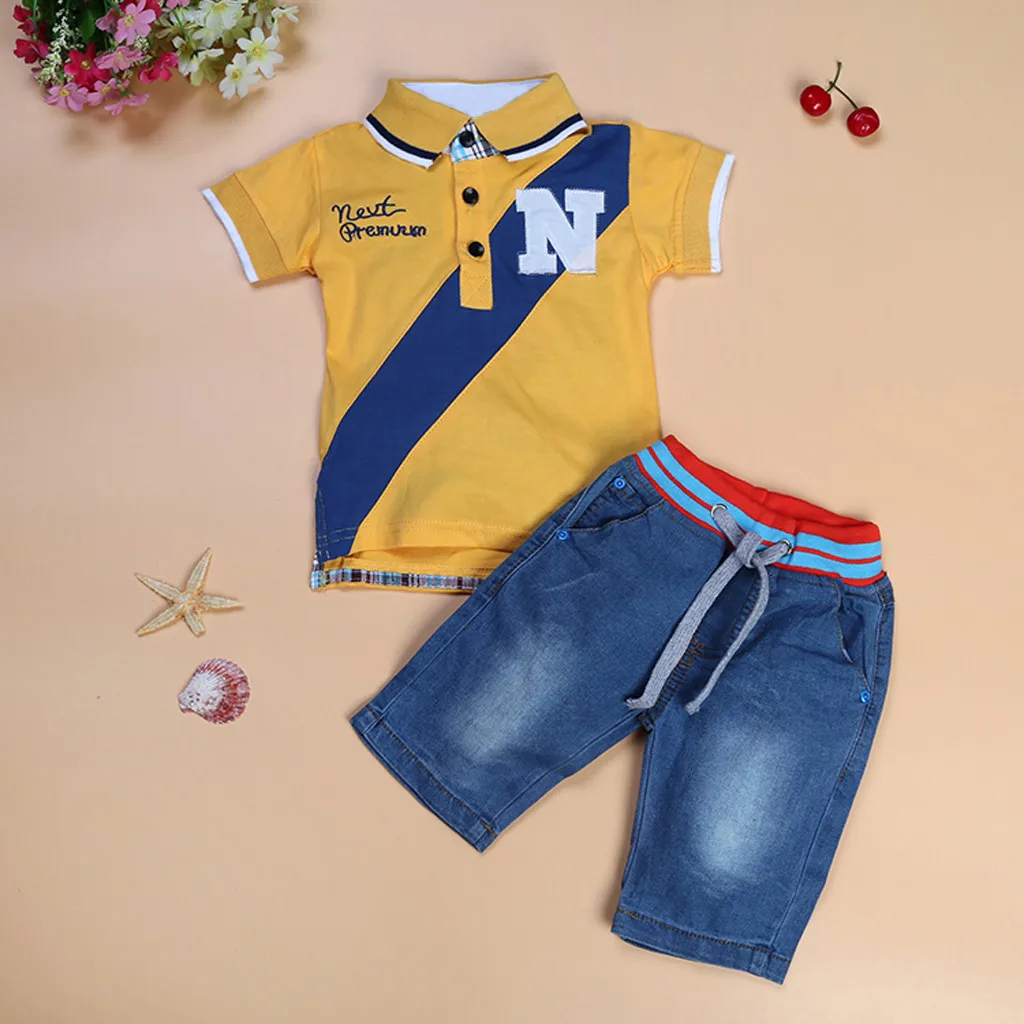 

Kids Boys Clothes Summer Letter Printed T shirt Tops +Denim Short Pants Child Tracksuit Children Clothing Set 2 3 4 5 6 7 Years