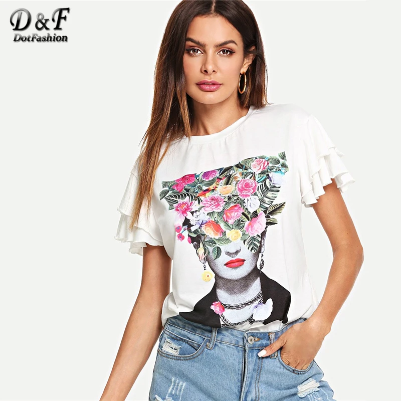 

Dotfashion White Ruffle Figure Flower Print Flutter Sleeve Tee Shirt Women 2019 Summer Casual Tops O-Neck Short Sleeve T-Shirt