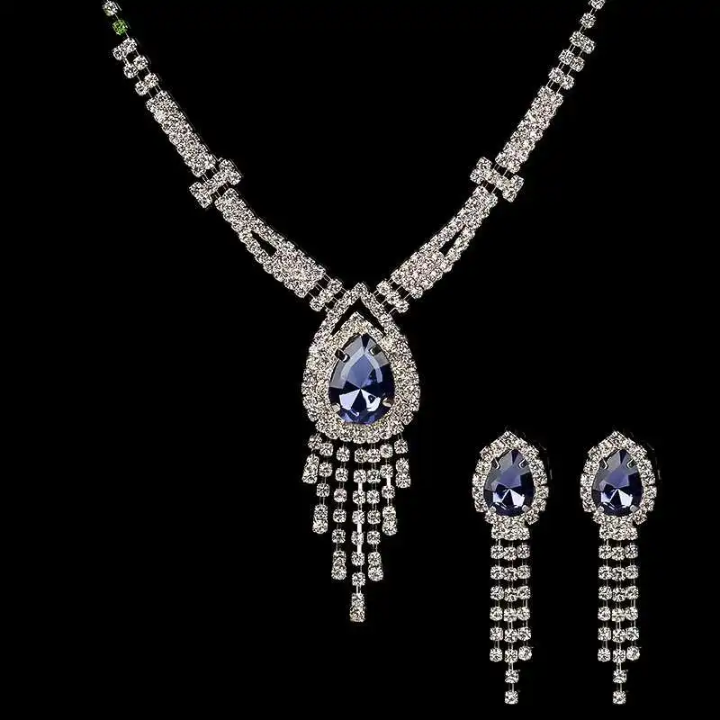 Стиль, кристалл, циркон, Свадебные Ювелирные наборы, серебряное ожерелье, серьги, Свадебные Ювелирные наборы для женщин, аксессуары для девушек, вечерние - Окраска металла: Blue Zircon