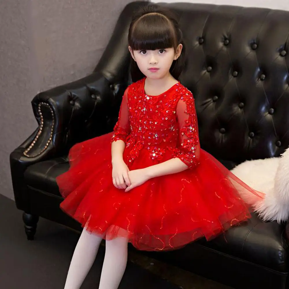 Костюм для малышей; пышные платья с кружевными рукавами для первого причастия; бальное платье со стразами и цветочным узором для девочек; детское платье принцессы на день рождения - Цвет: Red 1