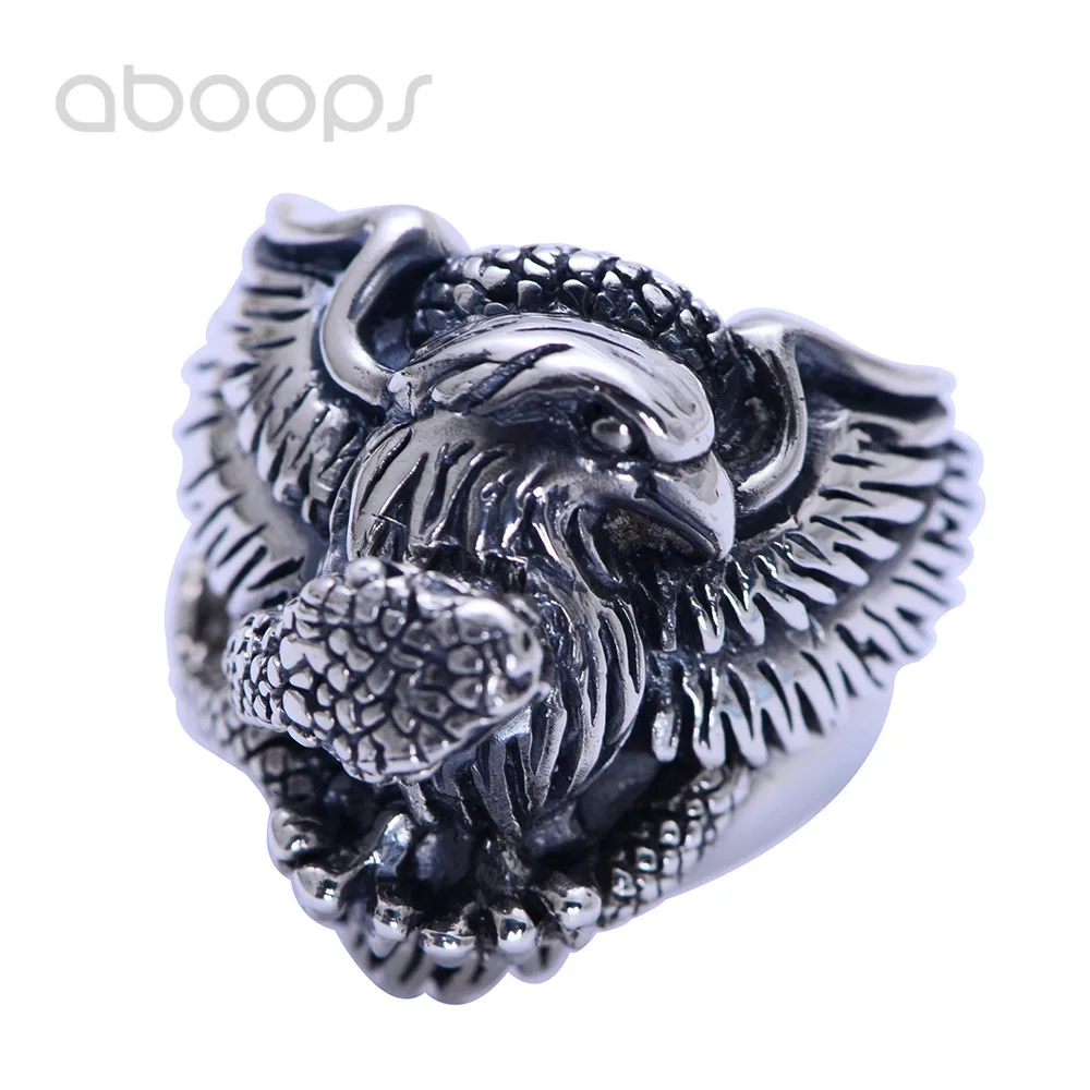 Vintage Unique Black 925 Sterling Silver Eagle Snake Fighting Ring Jewelry for Men Boys Size 8 9 10 11 Free Shipping