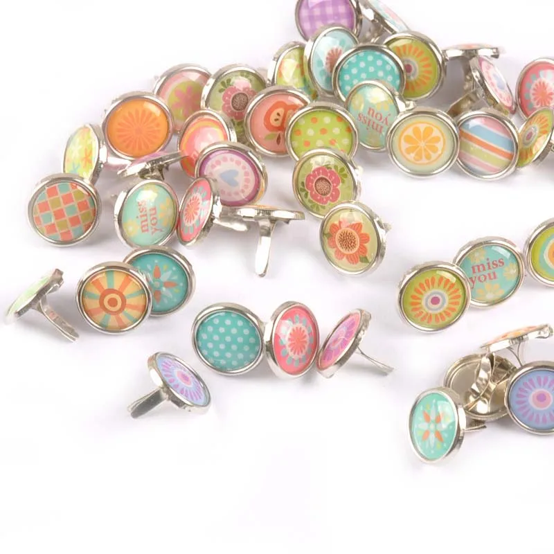 

50pcs Mix Pattern Round Brads Embellishment For Scrapbook Home Decor Fastener Brad Metal Crafts DIY Accessories 12x12mm c1903