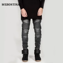 WEBONTINAL Новое Прибытие 2017 Складки подростка Моды Slim Fit Байкер Джинсы Мужчины Тенденция Популярные Тощие Брюки Мужские Джинсовые Жан