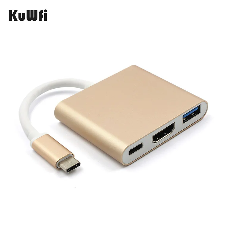 KuWFi USB Hub Тип C USB 3,1 USB-C 4 К HDMI USB3.0 адаптер 3 в 1 концентратора для Apple Macbook Тип-C HDMI Card Reader