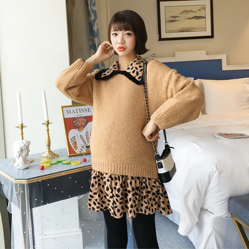 

Fashion Retro Doll Collar Maternity Dresses Set Long Sleeve Pregnancy Dresses & Knitted Sweaters Tops for Pregnant Women