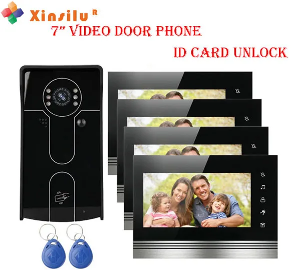 

XINSILU Home Security Intercom System 7"Video Door Phone Night Vision Waterproof Camera ID Card Unlocking Function for 4-rooms