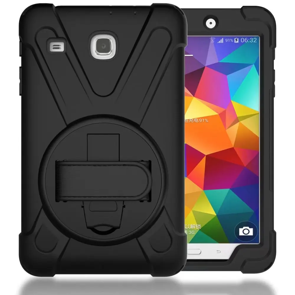 Черный 360 градусов вращающийся стенд чехол для Samsung Galaxy Tab E 8,0 T377 T377V T375 Tablet дети безопасный силикон+ PC задняя крышка корпуса+ ручка - Цвет: Черный