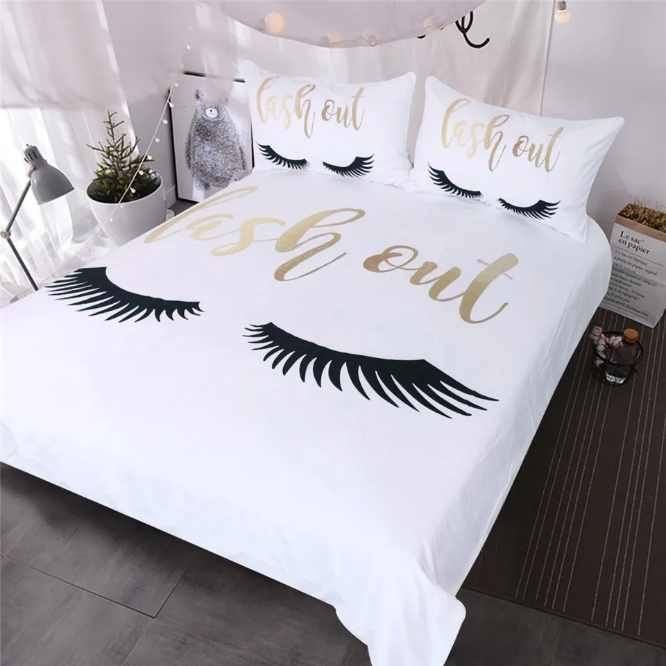 BlessLiving Eyelash Bedding Queen Gold and Black Cute Eyes Pattern Quilt Cover Set 3 Piece Funny