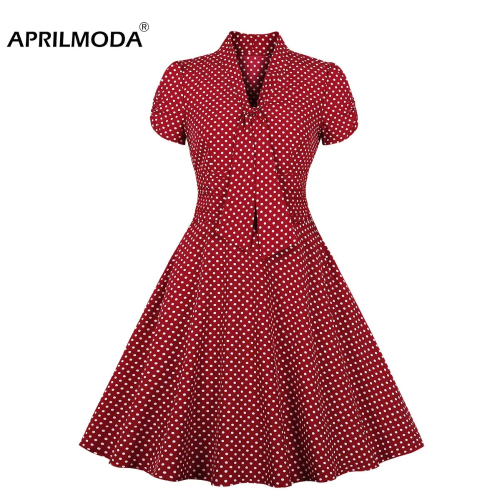 

Polka Dot Printed Red Summer Retro Vintage Dress Jurken Short Sleeve 40s 60s 50s 1950s Audrey Hepburn Rockabilly Dress With Bow