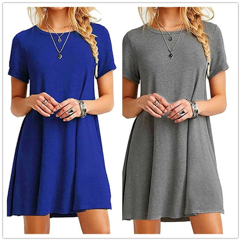 

4XL Plus Size Women Dress Fashion Summer Short Sleeve O-Neck Black Blue Dresses Casual Loose Dress Woman Large Size Cotton Dress