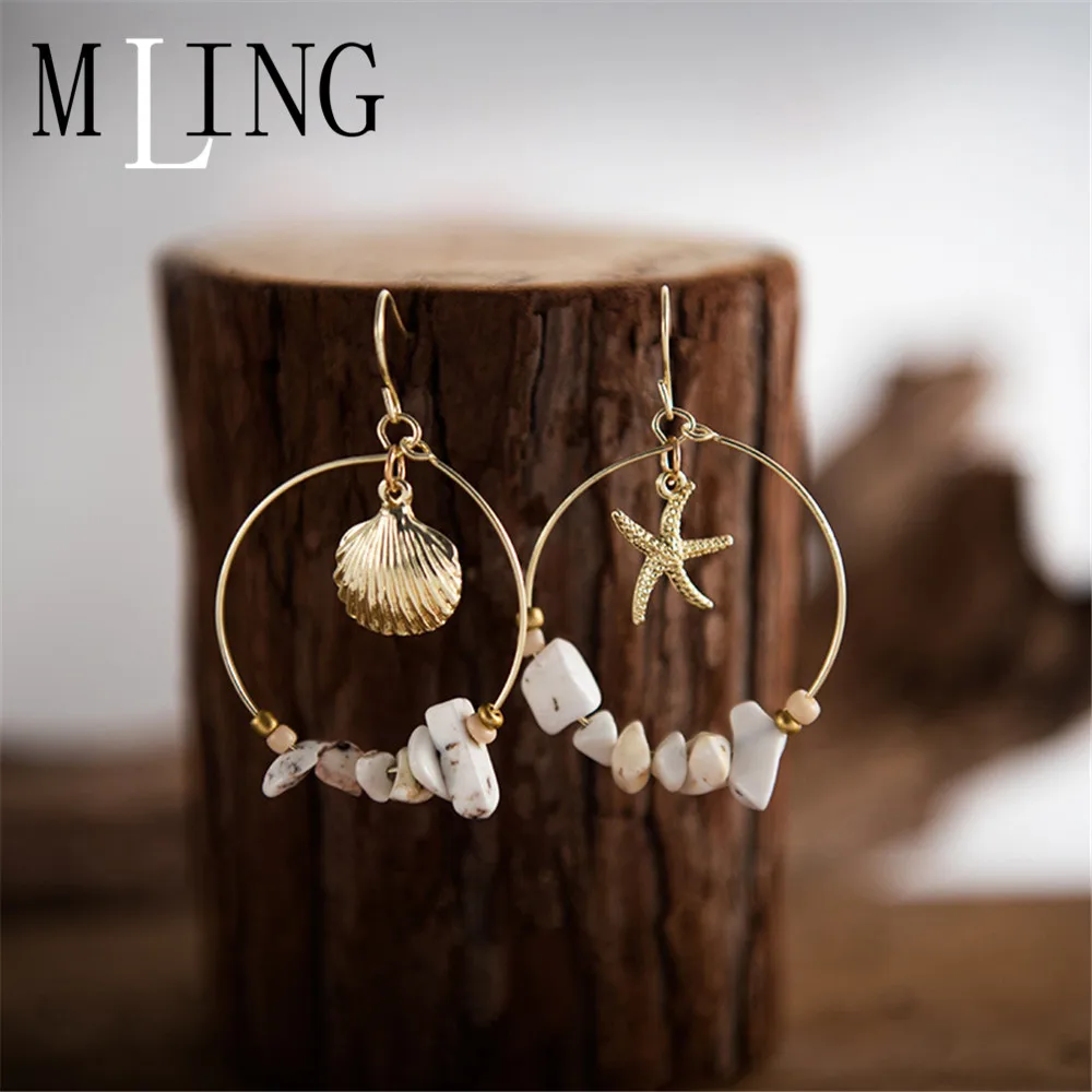 

MLING 2019 New Shell Starfish Natural Stone Earring For Women Gold Color Dangle Earring Statement Jewelry