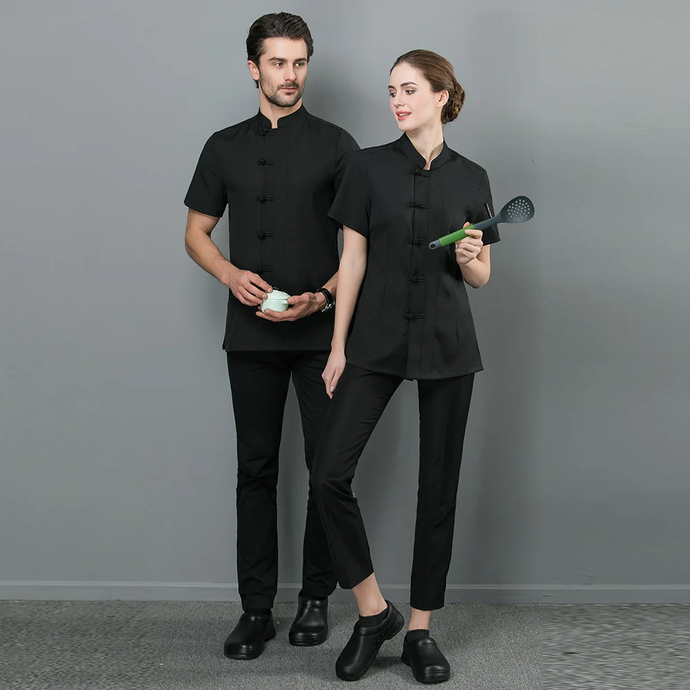 sanxiaxin new short sleeved Food Service chef uniform Chef Jacket restaurant hotel catering Kitchen White and black work clothes