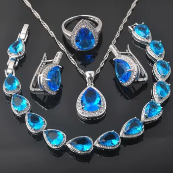 

Water Drop Sky Blue Zircon Silver Color For Women Wedding Jewelry Sets Bracelet Necklace Pendant Earrings Ring QS0356
